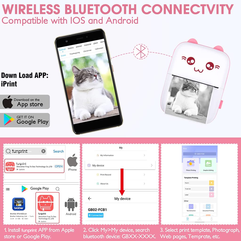 ZORBES Mini Printer, Small Pocket Printer Black and White Printing Bluetooth Thermal Printer Compatible with iOS, Android, Portable Printer with 6 Rolls Printing Paper for Notes, Memos, DIY - Pink ZORBES Mini Printer, Small Pocket Printer Black and White Printing Bluetooth Thermal Printer Compatible with iOS, Android, Portable Printer with 6 Rolls Printing Paper for Notes, Memos, DIY - Pink